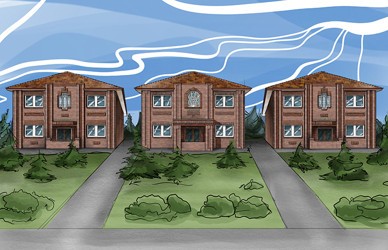 Artists Impression of new development showing three brown art-deco style buildings that are going to be turned into affordable, inner city apartment style living in Drummoyne, NSW. It consists of three brown brick double story buildings with some art deco style brickwork details. Each building has a name plate, Narellan, Deloraine and Ranelach.